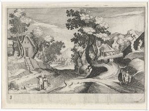 Binalar ve rakamlar ile ormanlık tepelik manzara Güney Avrupa manzaraları (dizi başlığı) Topographia variarum Regionum (dizi başlığı) by Simon Frisius