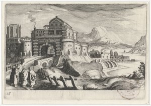 Bir dağ manzarasında bir şehir kapısının önünde Emmäus insanları Güney Avrupa manzaraları (dizi başlığı) Topographia variarum Regionum (dizi başlığı) by Simon Frisius