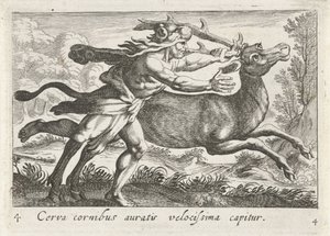 Hercules vangt de hinde van Cerynea Geyik en hızlı yaldızlı boynuzlara yakalanır (nesne üzerindeki başlık) Herkül