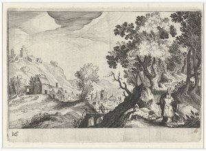 Good Samaritan ile tepelik manzara Güney Avrupa manzaraları (dizi başlığı) Topographia variarum Regionum (dizi başlığı) by Simon Frisius
