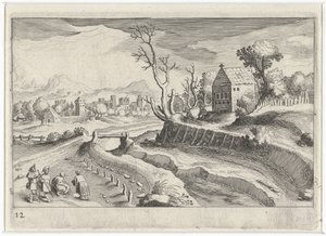 Bir şapel ile tepelik manzara Güney Avrupa manzaraları (dizi başlığı) Topographia variarum Regionum (dizi başlığı) by Simon Frisius