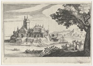 Bir adada bir kale ile tepelik manzara Güney Avrupa manzaraları (dizi başlığı) Topographia variarum Regionum (dizi başlığı) by Simon Frisius