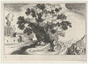Bir ağacın altında sevişen tepelik bir manzara Güney Avrupa manzaraları (dizi başlığı) Topographia variarum Regionum (dizi başlığı)