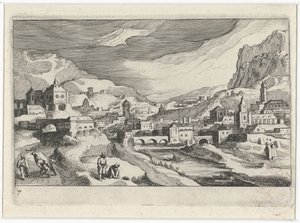 Bir nehir vadisinde şehir manzarası Güney Avrupa manzaraları (dizi başlığı) Topographia variarum Regionum (dizi başlığı) by Simon Frisius