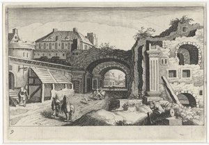 Bir harabe ile şehir manzarası Güney Avrupa manzaraları (dizi başlığı) Topographia variarum Regionum (dizi başlığı) by Simon Frisius