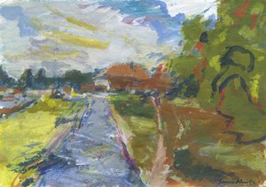 Pavenment  shortcut to houses, 2024 (kağıt üzerine akrilik, suluboya, suluboya kalemleri ve yağlı pastel) by Simon Neville