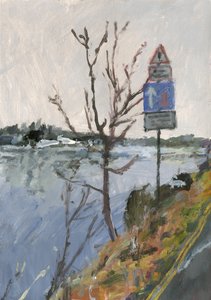 Ağaç ve yol işaretleri ile Thames Nehri, 2023 (kağıt üzerine akrilik) by Simon Neville