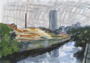 River Wandle and Ram Brewery redevelopment site, Wandsworth, 2025 (akrilik, akrilik boya kalemleri, çini mürekkepli kalemler, yağ bazlı mürekkepli kalemler ve kağıt üzerine grafit)
