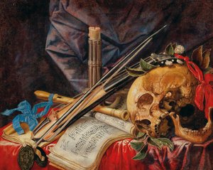 Vanitas viyola, klarnet, kafatası, puanlar ve mum ile natürmort.