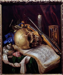 Vanite Kafatası, notalar, müzik aletleri, deniz kabukları ve kum saatinden oluşan natürmort. Saint Andre