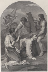İsa, iki adamın yardım ettiği çarmıhın ağırlığı altında yere düştü ve ..., yakl. 1729. by Simon Vallee