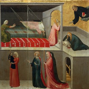 Beşikten düşen bebeğin mucizesi, Simone Martini'nin (1283-1344) yazdığı Blessed Agostino Novello başlıklı mihraptan detay ve hayat hikayeleri, tuval üzerine yağlı boya, 200x256 cm, 1330 dolayları by Simone Martini