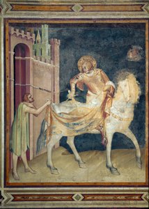 Aziz Martin, ceketini bir dilenciyle paylaşıyor. Simone Martini (1282-1344) tarafından yapılan fresk. 1315. Assisili Aziz François Aşağı Bazilikası, Aziz Martin Şapeli. Otur.