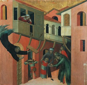 Balkondan düşen bebeğin mucizesi, Blessed Agostino Novello ve hayatının hikayeleri başlıklı mihraptan detay, yaklaşık 1330, Simone Martini (1283-1344), tuval üzerine yağlıboya, 200x256 cm
