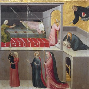 Çocuğun mucizesi beşiğinden düşer: Sahnenin dibinde konuşan üç kadın. Üç Parçalı St. Augustine Hermit Tarihinin bir parçası (ahşap üzerine Tempera