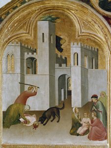 Çocuğun mucizesi bir kurdun dişlerinin arasına sıkışır. Üç Parçalı St. Augustine Hermit Tarihinin bir parçası (ahşap üzerine Tempera by Simone Martini