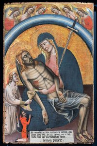 Müşteri ile ölü İsa üzerine ağıt, Iohannes de Elthinl, Simone dei Crocifissi, c. 1368. Bakire, kalbinde bir kılıçla Acıların Leydisi olarak temsil edilir.