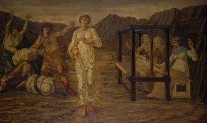 Aşk Tanrısı ve Ruh - Saray Yeşil Duvar Resimleri - Görev Venüs tarafından belirlenen Ruh, 1881. by Sir Edward Coley Burne Jones