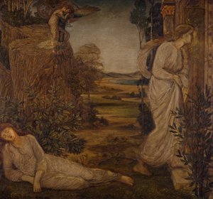 Aşk Tanrısı ve Ruh - Saray Yeşil Duvar Resimleri - Zephyrus, Ruhu Dağa Taşıyan, 1881. by Sir Edward Coley Burne Jones