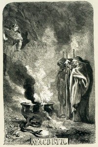 Macbeth, yanmış fundalıkta üç cadıyı ziyaret ediyor, 1858