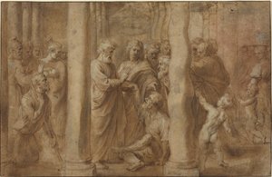 Aziz Peter ve Aziz John tarafından İyileştirilen Topal Adamın Mucizesi by Sir Peter Paul Rubens over Anonymous Italian after Parmigianino after Raphael