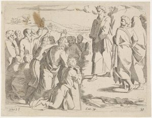Musa şeriat levhalarını halka gösterir İncil sahneleri (dizi başlığı) Historia del Testamento Vecchio / Dipinta in Roma nel Vaticano da Raffaelle di Urbino (...) (dizi başlığı)