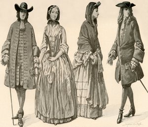 II. Charles, II. James, William ve Mary 1682-1700, 1903, 1937 saltanatları sırasında giyim.