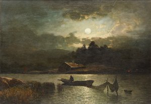 Ay Işığında Ağlarla Balık Tutmak (tuval üzerine yağlı boya) by Sophus Jacobsen