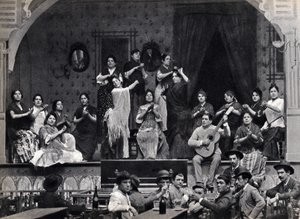 Sevilla, İspanya, bir kafede dans ve flamenko müziği sahnesi. Fotoğraf, 19. yüzyılın sonlarında,