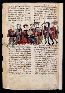 Bir adam krala bir kitap sunar, "Cezalar Kitabı veya İyi Yaşam İçin Belgeler" deki minyatür by Spanish School