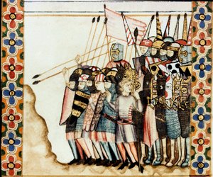 Armee des croises Aziz Meryem Şarkısı'nın (Cantigas de Santa Maria) bir el yazmasından alınan bir sayfanın detayı, Aziz Meryem'e ve mucizelerine adanmış minyatürleri süsler, Bilge Alfonso X'in (1221- 1221- 1284). by Spanish School