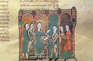 Kont Bernat I de Besalu'nun kutsaması, 'Liber Feudorum Maior'dan (parşömen) minyatür by Spanish School