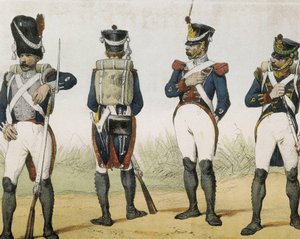 DE SOTTO, Serafin Maria, Clonard Kontu (1793 - 1862). Historia organica de las armas de Infanteria y Caballeria espanolas. 1851 - 1859. İspanya Kralı 7. Ferdinand döneminde piyadeler. Grenadier, tüfekçi, çavuş ve chasseur (1815-1820). Gravür by Spanish School