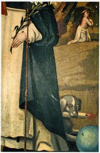 Zambak, asa ve meşaleli köpeği gösteren detay, St. Dominic