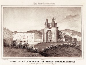 Birinci Carlist Savaşı (1833-1840): Bilbao kuşatmasından sonra ev veya Carlist General Tomas Zumalacarregui (1788-1835) yaralandı by Spanish School