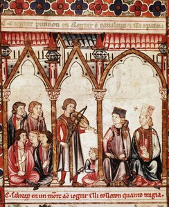 Troubadour Grubu, “” Cantigas de Santa Maria”””dan resim, Alfonso X (“Bilge”) Kastilya ve Leon Kralı (1221-84) - Kral