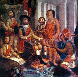 Hernando Cortes (1485-1547) Azteklerin saygısını alırken (tuval üzerine yağlı boya) by Spanish School