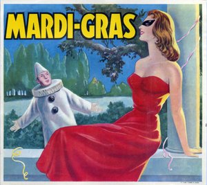 Bir Pierrot ve maskeli bir kadınla kılık değiştirmiş bir Mardi-Gras partisinin (Mardi Gras) illüstrasyonu. Reklamcılık, Valencia, 20. yüzyıl. by Spanish School