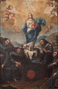 Bahçıvanlık yapan Fransiskanlarla Lekesiz Gebelik. Koronun kökeni. Sol altta imzalı “ADEVOZION DE DA TERESA, Sanchez Yepros?”. 18. yüzyıl. Juan Sánchez. by Spanish School