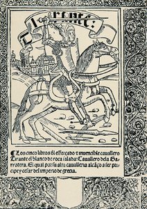 Bineğindeki şövalye, İspanyol eseri Tirant lo Blanc'ın cephe parçası, Joanot MARTORELL (1413-1468) by Spanish School