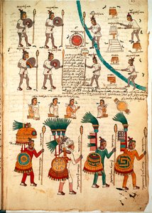 Mızrak ve kalkanlarla silahlanmış Aztek savaşçılarını gösteren Codex Mendoza