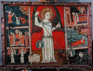 Ejderha olarak tasvir edilen şeytanı yenen Aziz Mikail ve bir çift terazide ruhları tartıyor (panelde yağ) by Spanish School