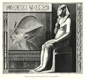 Eski Mısır Firavunu Akhenaten'in (Amenhotep IV) (lito) oturmuş heykeli ve kabartması by Spanish School