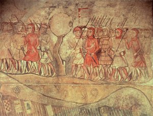 Kral I. James'in (1208-76) ordusundan askerler, yaylı ve mızraklı bir grup piyade, Barselona'daki eski Palacio Reale'den bir duvar resminden detay (duvar resmi) by Spanish School