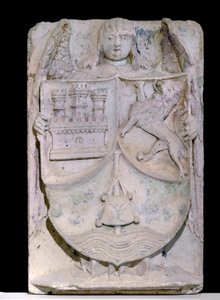 14. yüzyılın İspanyol yaması: Kastilya ve Leon arması, pelerin evoque Saint Jacques de Compostela