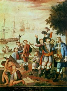 Meksika'nın Fethi: Diego Velasquez de Cuellar (1465-1524) Armada Generali olarak Hernando Cortes'i (1485-1547) Seçti ve Ona Komuta Verdi (tuval üzerine yağlı boya) by Spanish School
