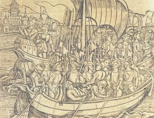 Yeni Dünyanın Keşfi Chrisopher Columbus (1450-1596) tarafından Francisco Lopez de Gomara (d.1510) 1554 (gravür) tarafından 'Hint Adaları ve Yeni Dünya'nın Genel Tarihi'nden çizim by Spanish School