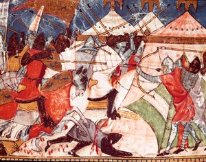 Truva Savaşı: Truva atları, Yunan savaşçıların askeri kampını işgal eder. İspanyol el yazması “Codex Benito de Santa Mora”dan bir minyatürden detay by Spanish School