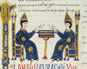 Bir el yazmasının önünde oturan iki Katolik piskopos, Glosas Emilianenses'ten minyatür, 992-994 (ışıklı el yazması) by Spanish School