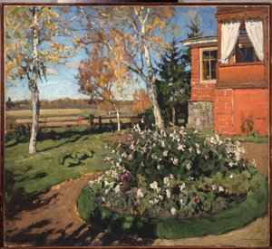 Bir çiçek yatağı. (Bir evin ve bir kır manzarasının önünde). Stanislav Yulianovich Zhukovsky (Zhukovsky) (1873-1944) tarafından tablo, tuval üzerine yağlı boya